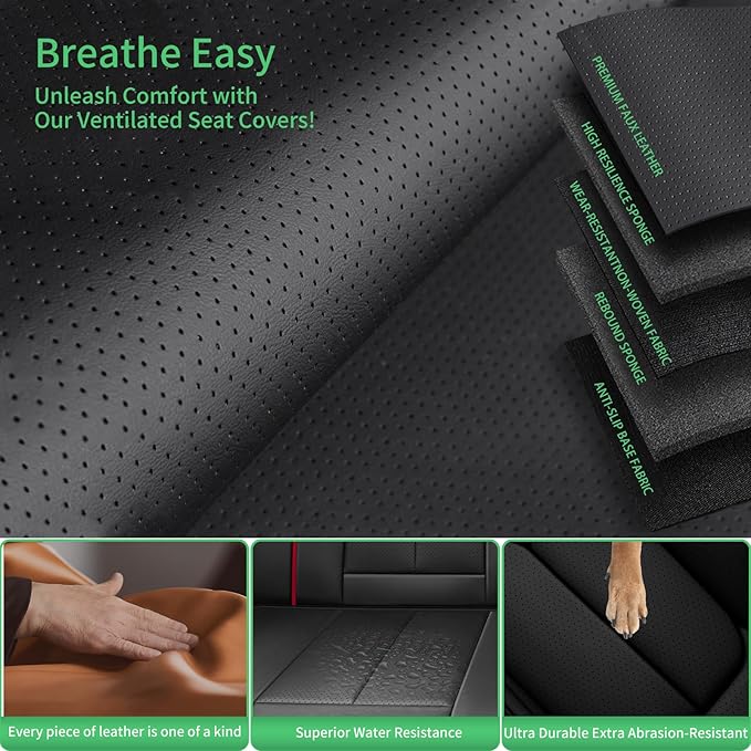 Fit Ridgeline Car Seat Covers for Honda Ridgeline 2007-2025 2026-Upgraded Premium Waterproof & Breathable Leather,Airbag Compatible,All-Weather Seat Cushion Protector,Full Set,Black-Red