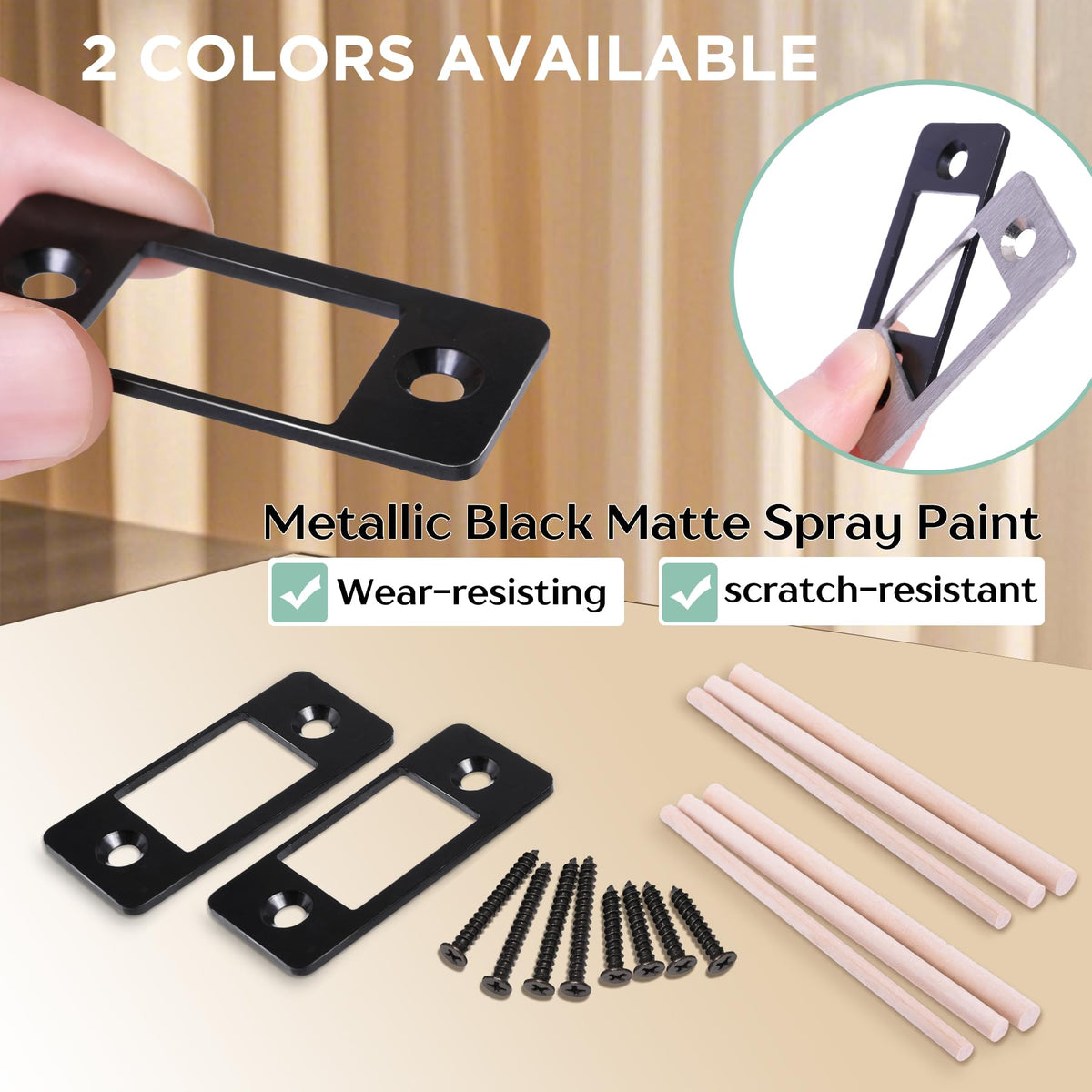 2 Pk Upgrade Large Hole Deadbolt Restorer Strike Plates, Stainless Steel Round Corner Latch Strike Plate with Wood Dowel Strips,Universal Backplate for Home Door Easy Repair Misalignment（Matte Black）