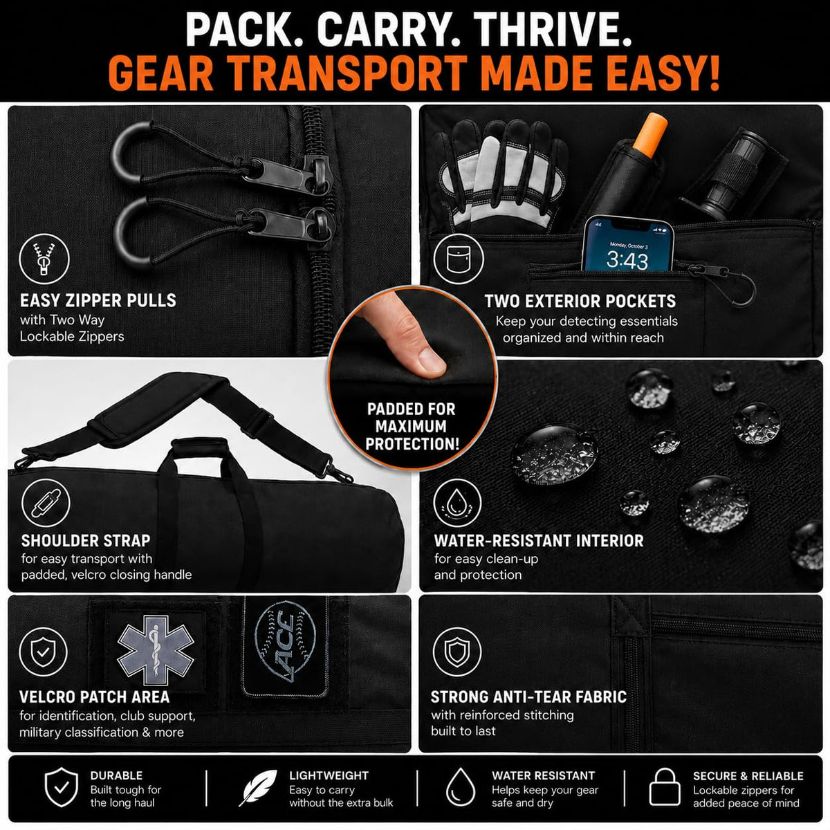 Padded 53" Heavy Duty XL 3 Zipper Bag for Metal Detector Carry and Travel