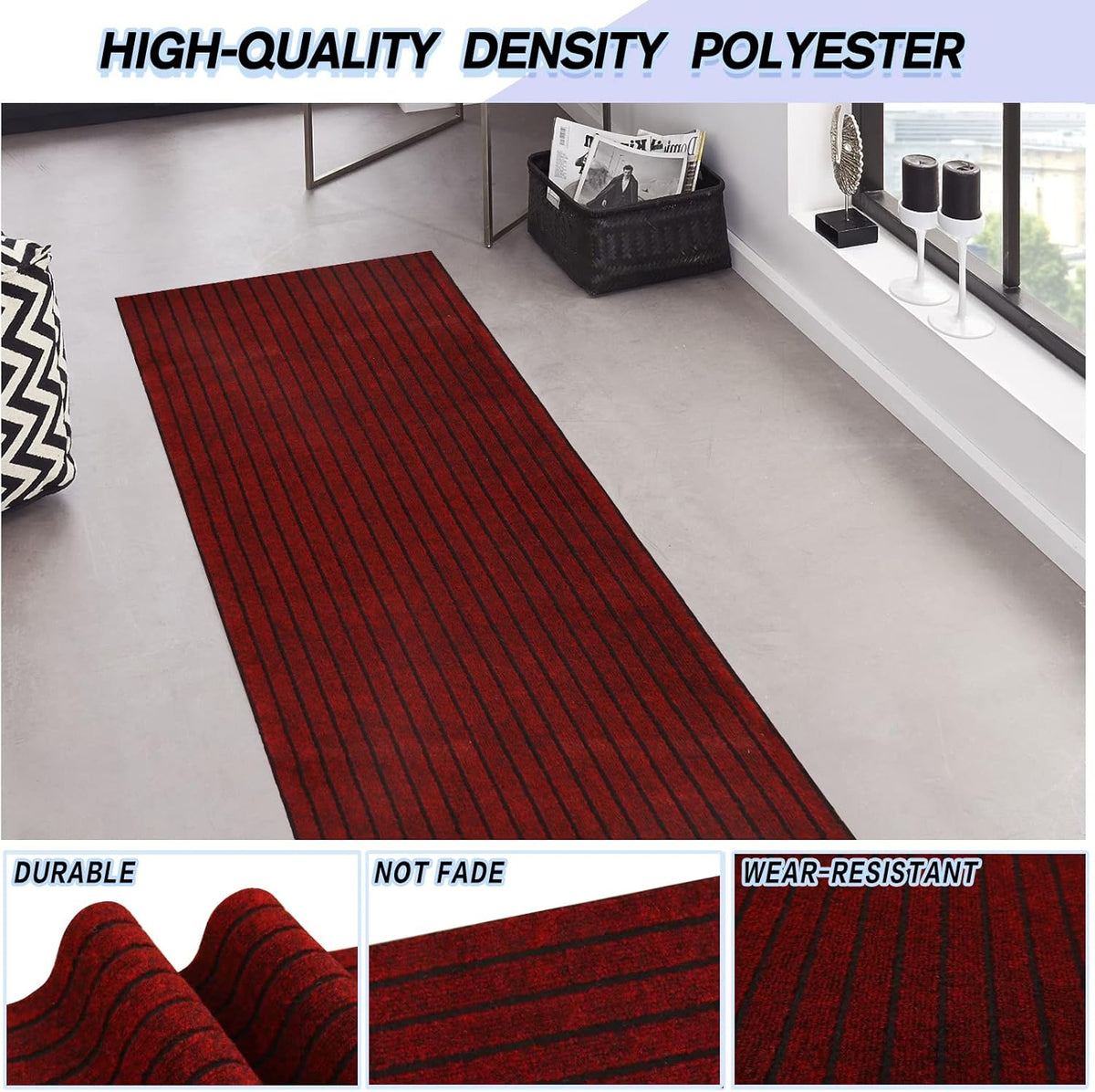 Custom Size Backed Non-Slip Area Rugs Runner, Easy Clean, Waterproof Runner Rugs for Hallway Entryway, Kitchen, Laundry, 4FT x 24FT, Red Stripe