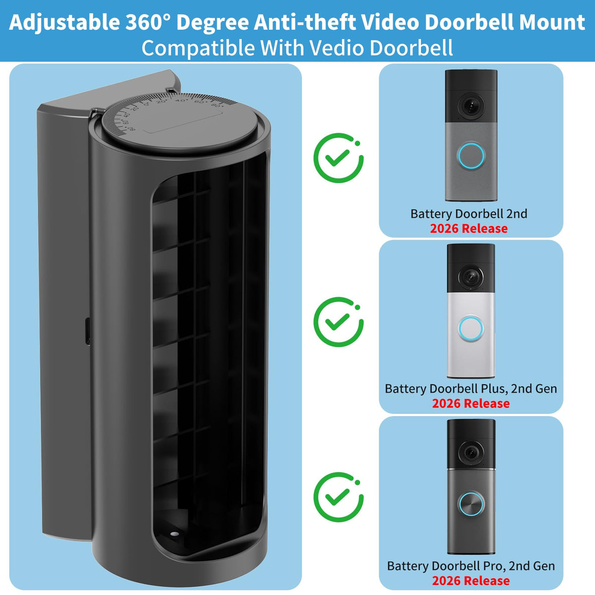360° Adjustable Ring Doorbell Angle Mount for 2026 Newest Battery Doorbell/Plus/Pro (2nd Gen), No-Drill Adhesive Corner Wedge Kit with Rain Cover, Anti-Theft Video Doorbell Kits for Houses Apartments