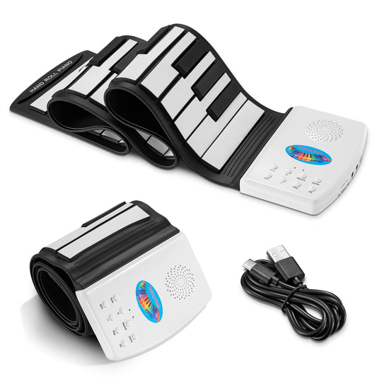 POGOLAB 49 Key Roll Up Keyboard Piano, Portable Digital Electric Foldable Piano Keyboard, Rechargeable, 47 Tones, 14 Educational Demo Songs, for Beginners Gift (Black & White)