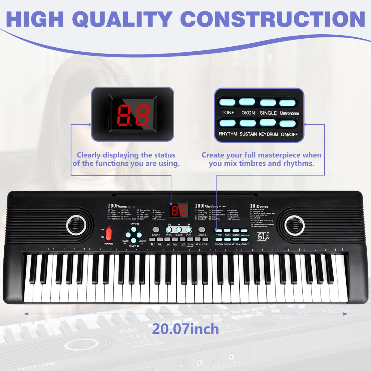61 key keyboard Piano,Portable Electronic Digital Piano,Built In Dual Speakers,External Microphone,Power Plug,Rich Teaching Content,Multi-Functional Electronic Piano Suitable For Beginners iiw88