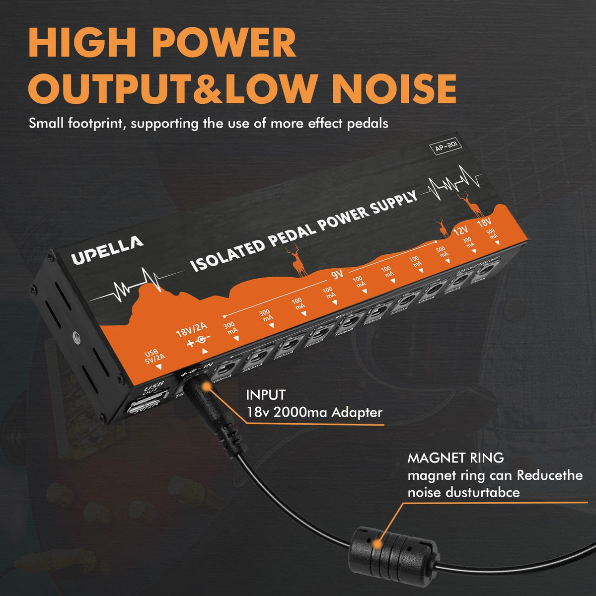 UPELLA AP-201 Guitar Pedal Power Supply, True Isolated Pedal Power Supply with USB Port, 10 Ports, Independent Guitar Pedal Power DC Output 9V/12V/18V for Effect Pedal
