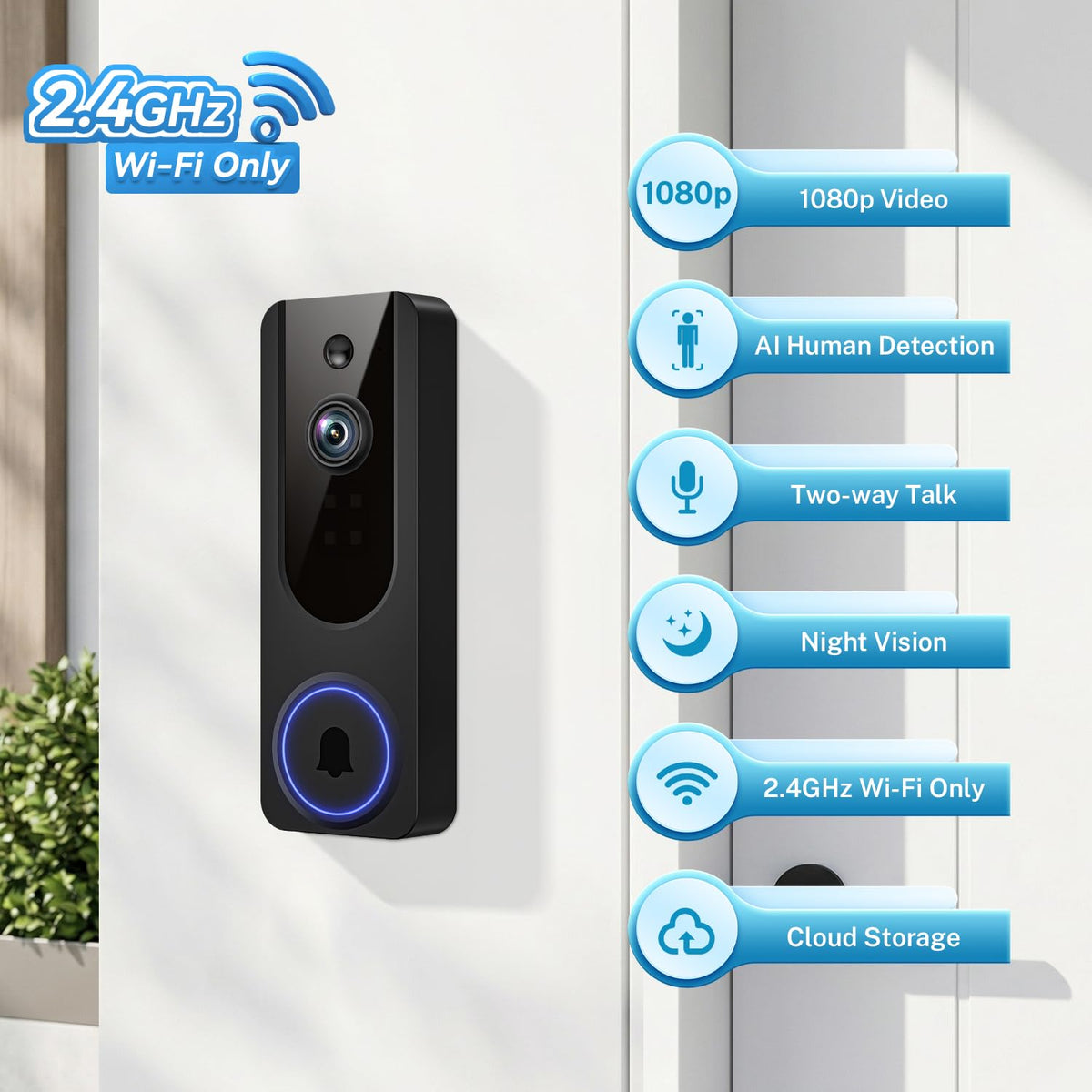 Cookedixo 1080P Video Doorbell Camera Wireless, Battery Powered, Night Vision, 2-Way Audio, Smart AI Human Detection, Cloud Storage, Home Security Doorbell