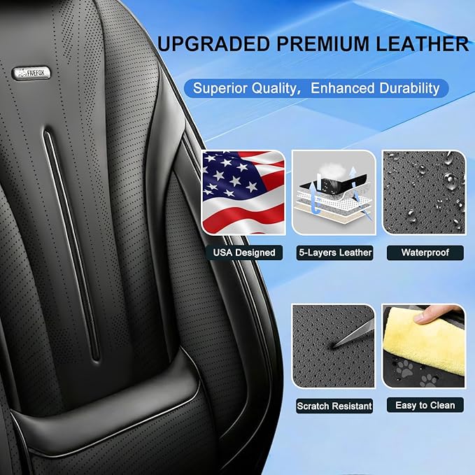Car Seat Covers (Front Pair) for Select Honda Fit 2007-2020, Premium Full Coverage Leather, Airbag Compatible& Scratch-Resistant, Waterproof & All Weather Breathable Seat Protector, Black