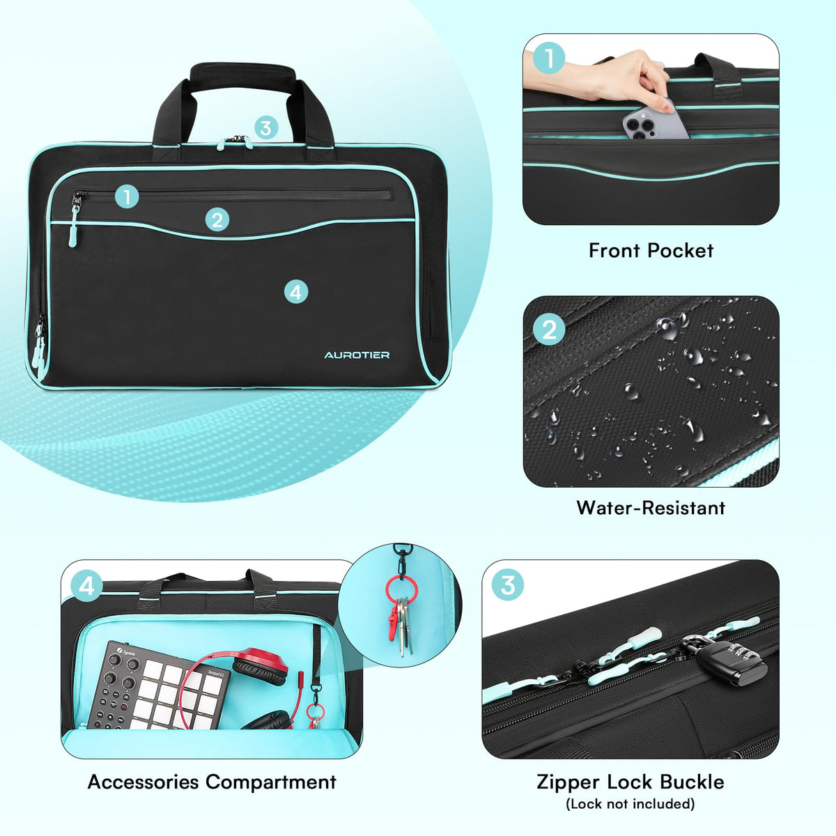 AUROTIER DJ Bag for DDJ-FLX4/DDJ 200/DDJ 400/DDJ REV1, Padded DJ Controller Crossbody Bag with 4 Pockets for 17.3 Inch Laptop, Cables, DJ Mixer Case with Adjustable Shoulder Strap for DJ Equipment