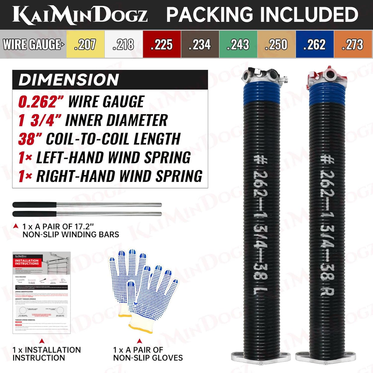 Pair of 1.75" Garage Door Torsion Springs Set with Non-Slip Winding Bars&Gloves, High Precision Electrophoresis Oil-Free Black Coated for Replacement, MIN 16,000 Cycles (0.262 x 1.75"x 38")