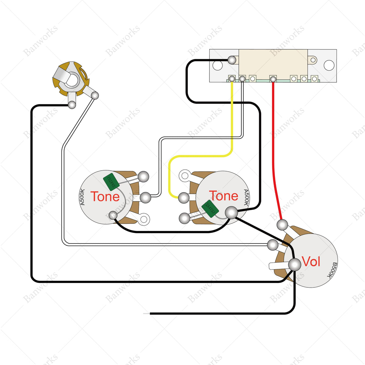 Banworks Electric Guitar Wiring Harness Kit 2 Tone 1 Volume Prewired 500K
