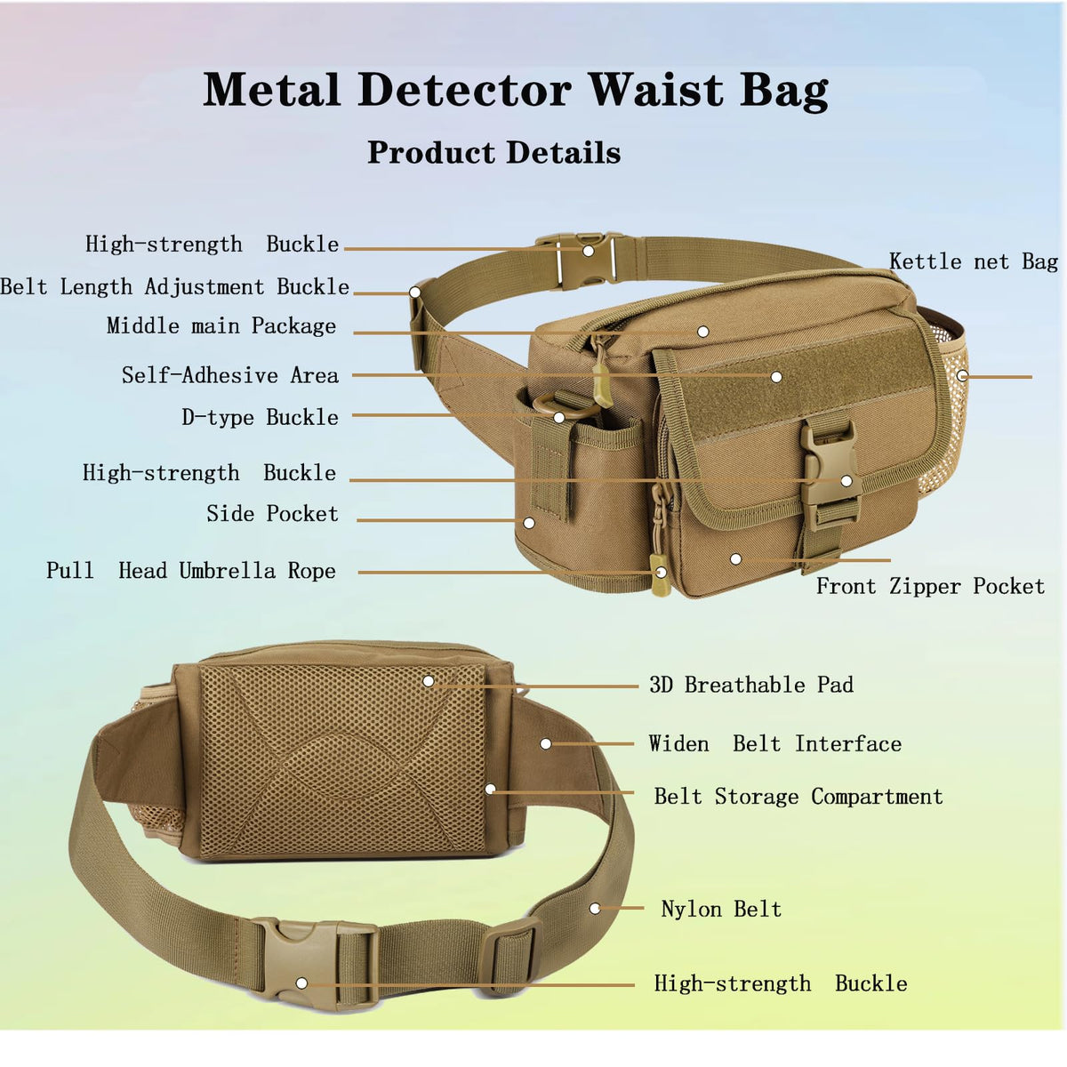 Metal Detecting Waist Bag with Kettle Sleeve Elastic Net，Portable Find bag, Waterproof Metal Detector Tool Bag, for Outdoor Metal Detector Accessory (Tan)
