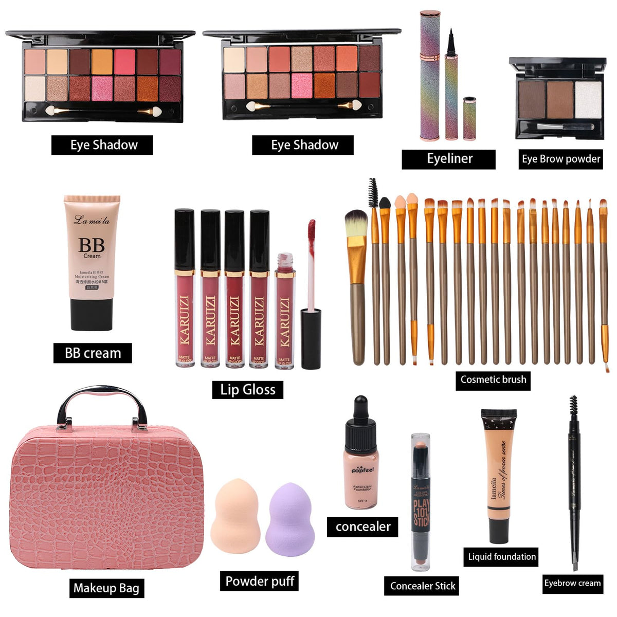MTDXILTAI All in One Makeup Kit for Makeup storage bag 2X14 Colors Eyeshadow Palette Liquid Foundation Eyeliner Pencils Contouring Stick 20Pcs Make up Brushes For Women Girls Teens (Pink)