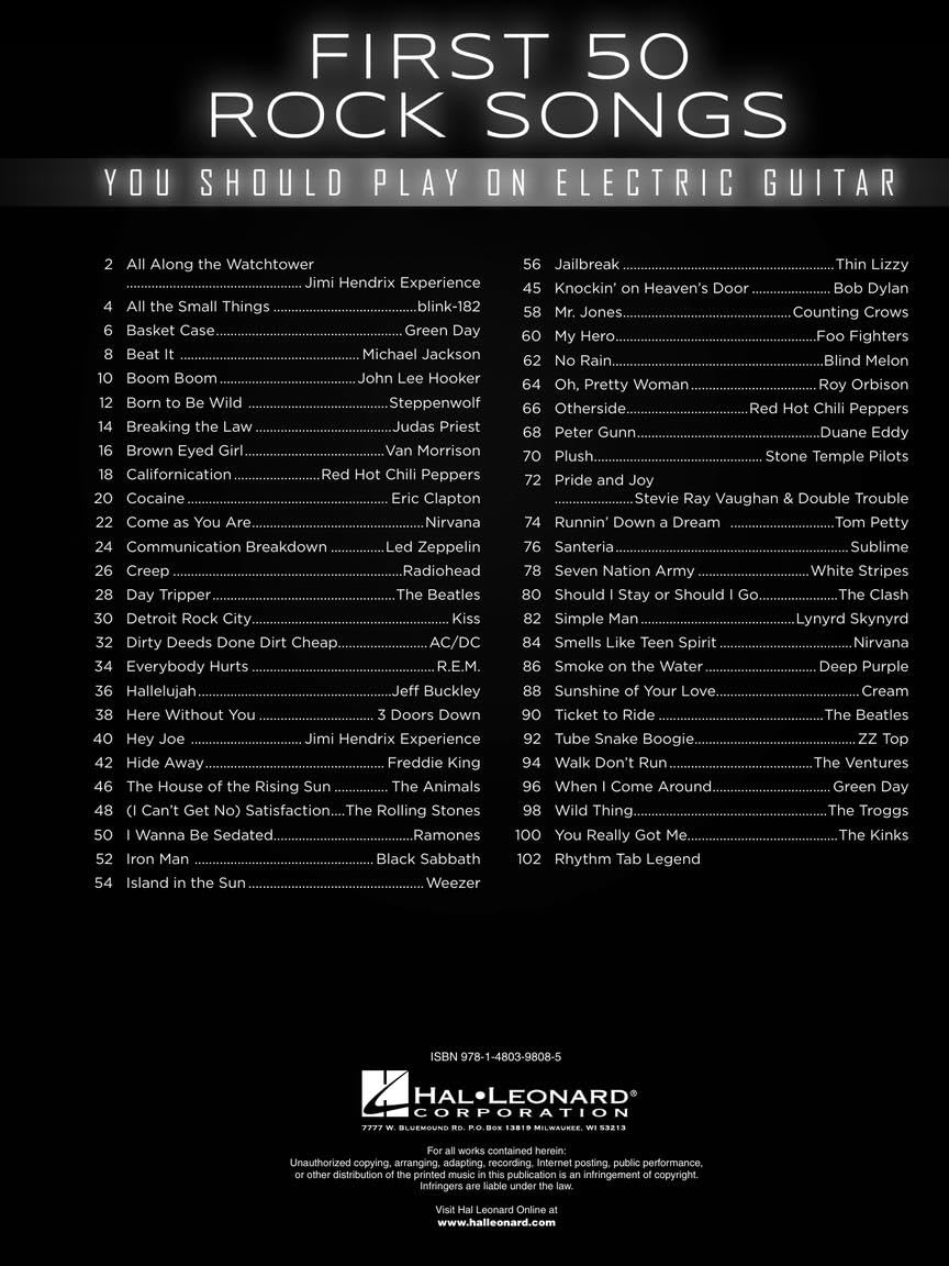 First 50 Songs You Should Play on Electric Guitar | Rock Guitar Tab Songbook for Beginners and Intermediate Players | Learn Classic Rock Riffs Solos and Chords from Nirvana Metallica Queen and More