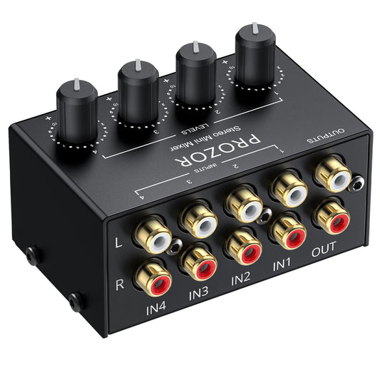 PROZOR 4-Channel Stereo Audio Mixer, RCA Input Independent Volume Controls