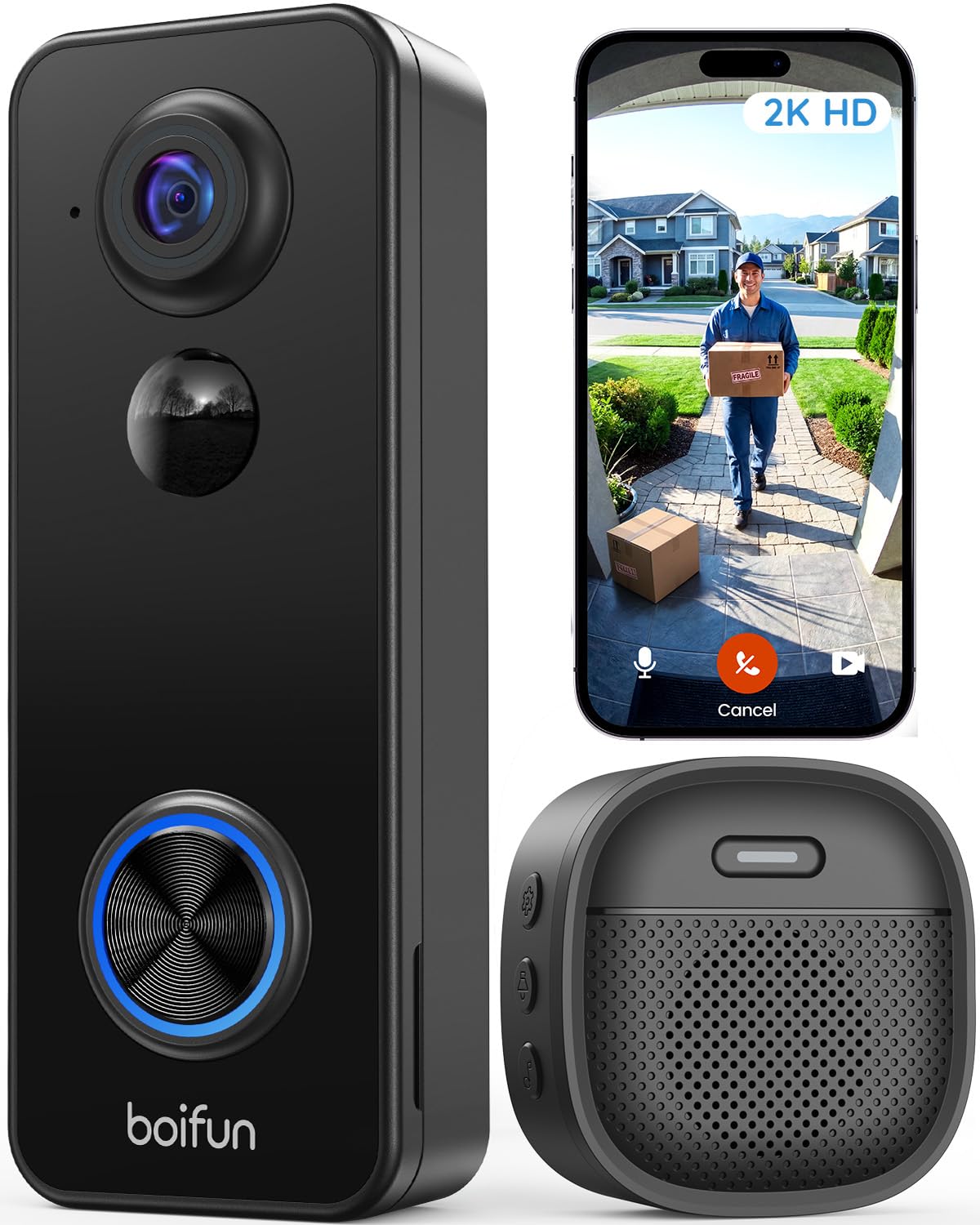 BOIFUN Video Doorbell Camera Wireless, 180° Wide View, 2K, No Subscription