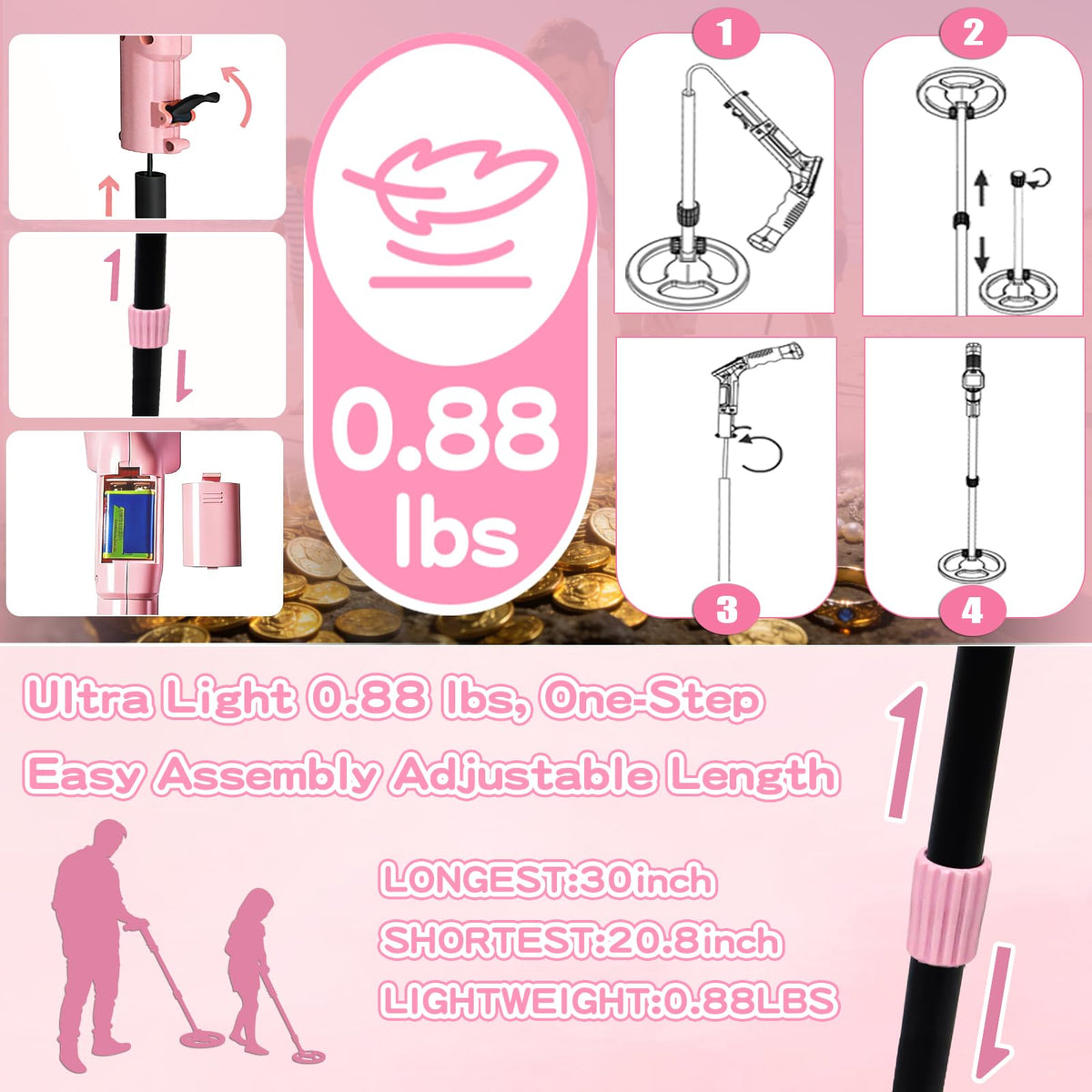 Metal Detector for Kids,0.88lbs Treasure Hunter,Pink Set