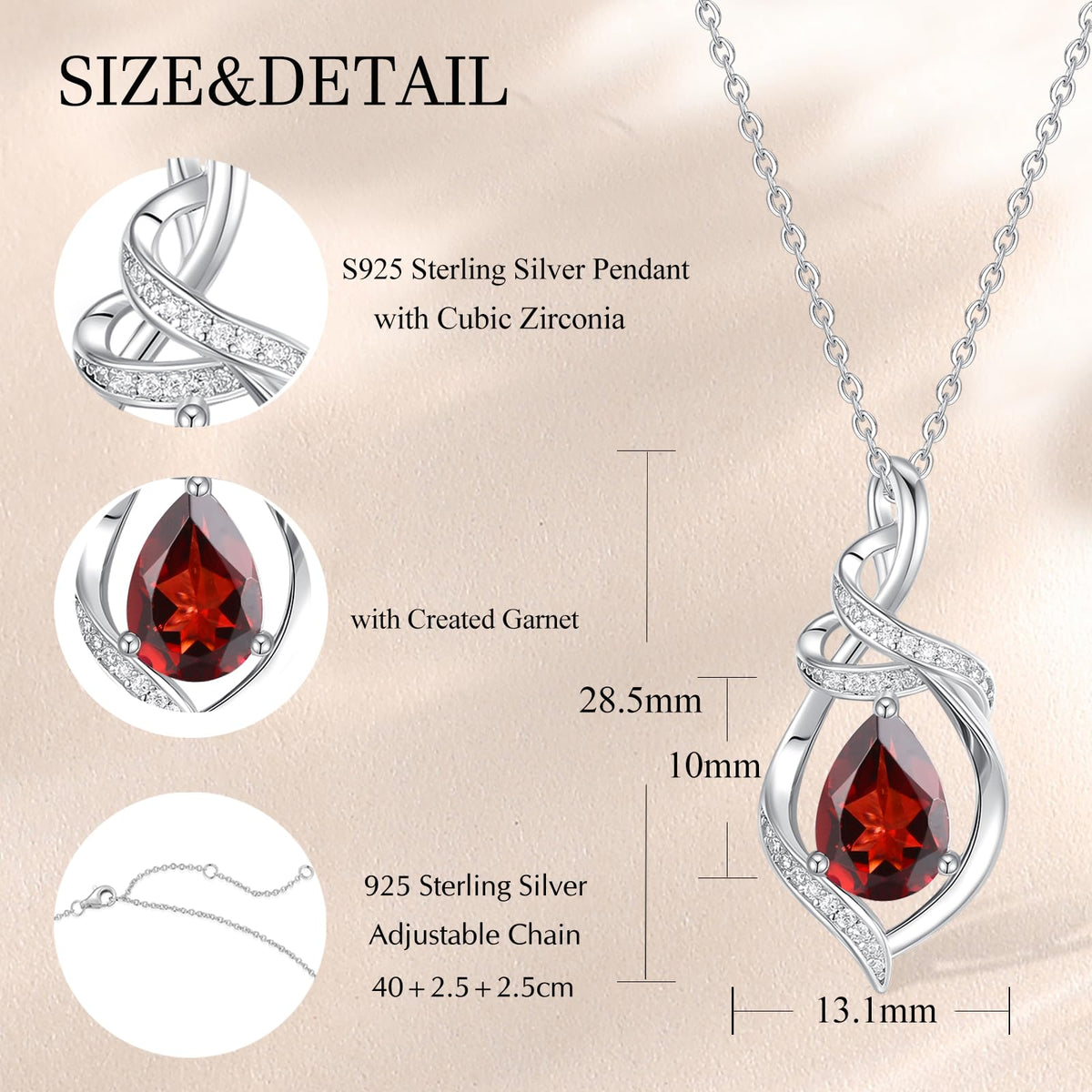 FANCIME January Garnet Birthstone Teardrop Pendant Necklace for Women