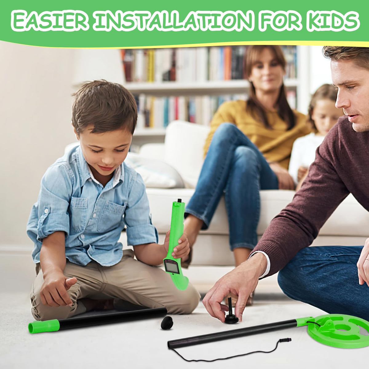 OMMO Kids Metal Detector, Adjustable 27.5"-37.8" with LCD Display (Green)