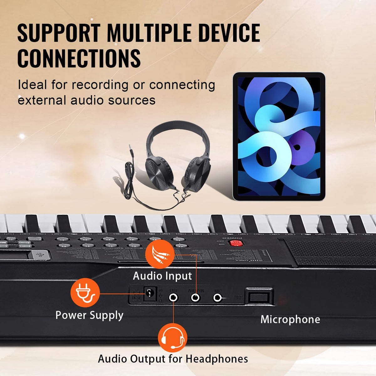 VEVOR 61 Key Digital Keyboard Piano, 200 Tones 200 Rhythms, Electric Portable Piano Keyboard Kit with 60 Demo Songs Built-In Dual Speakers Headphones, Piano Stickers for Beginners Learning