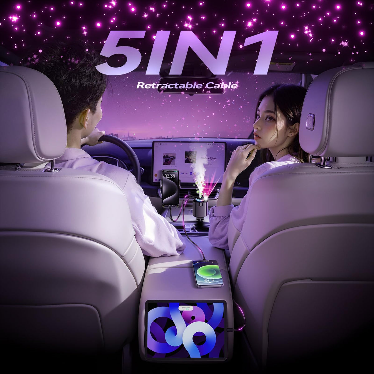 5 in 1 Retractable USB C Car Charger Fast Charge Aromatherapy Starry Sky