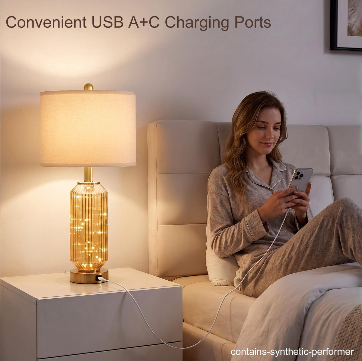 Oneach 24.5" Bedside Table Lamps Set of 2, Amber Glass Lamp with Nightlight