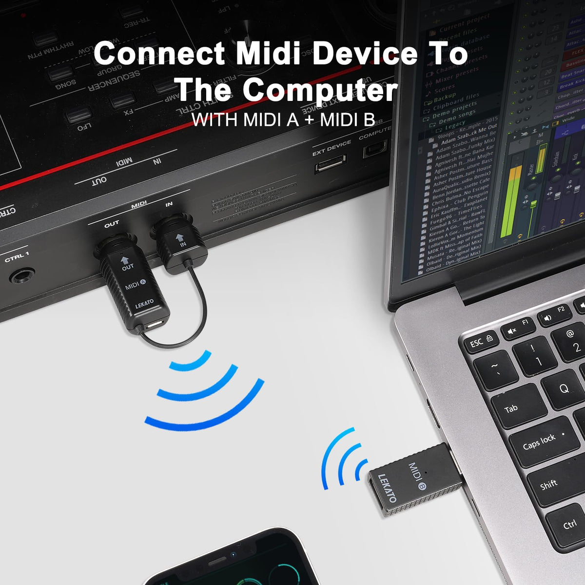 LEKATO Wireless MIDI Adapter, Bluetooth MIDI Adapter 5-PIN DIN with USB, Low Latency Rechargeable for Synthesizer, Digital Piano Keyboard to Mac OS/iOS/Windows