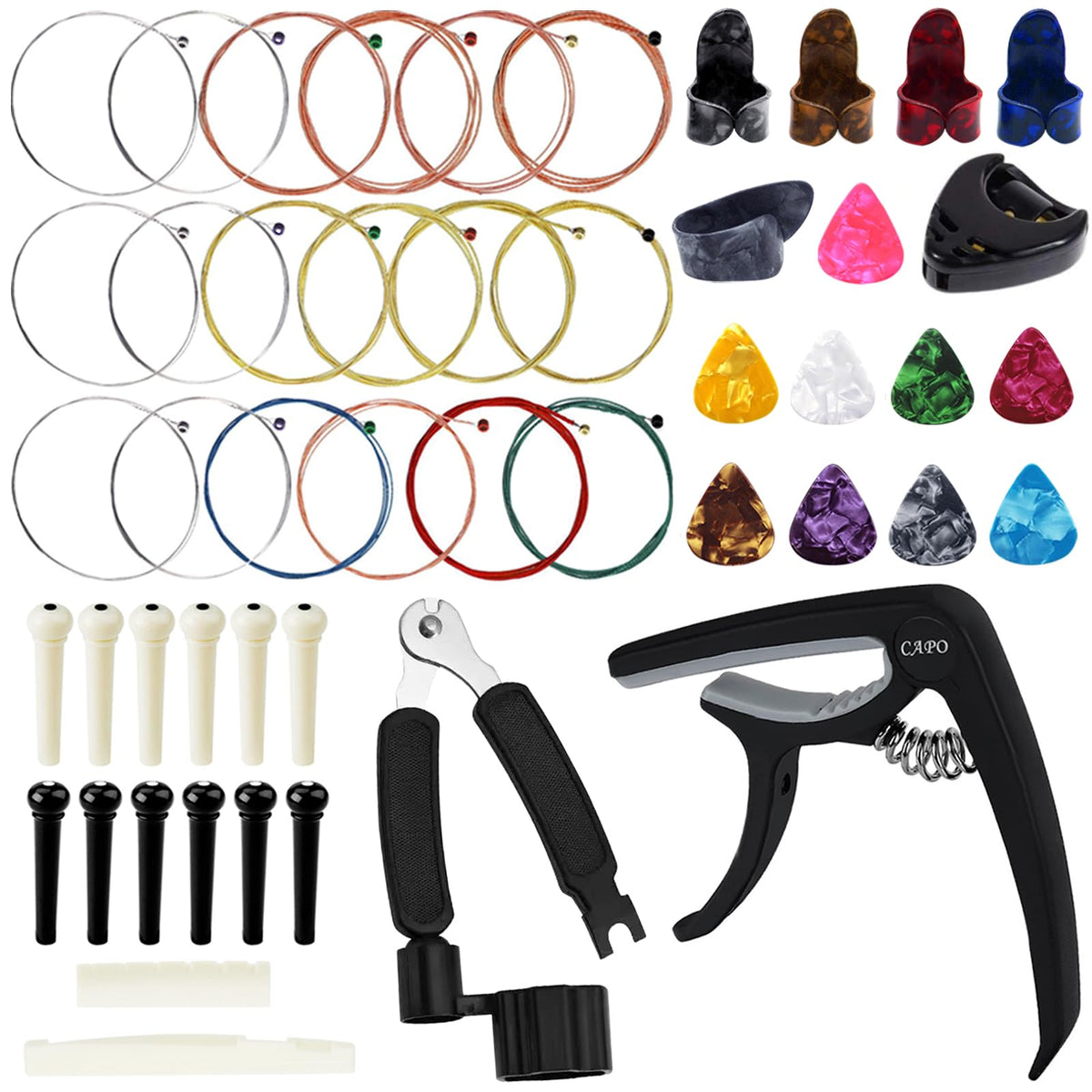Benvo Ultimate Acoustic Guitar Accessory Kit | Must-Have Guitar Tools with Capo, Premium Strings, Picks, String Winder, Bone Nut & Saddle, Bridge Pins & Pin Puller