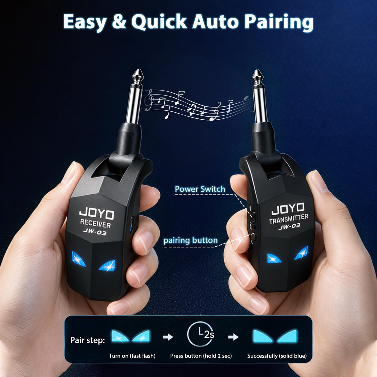 JOYO 2.4GHz Wireless Guitar System Rechargeable Transmitter and Receiver 4 Selectable Channels, 5ms Low Latency, 65ft Range, Up to 8 Hour Battery for Electric Guitar, Bass & Acoustic (JW-03)