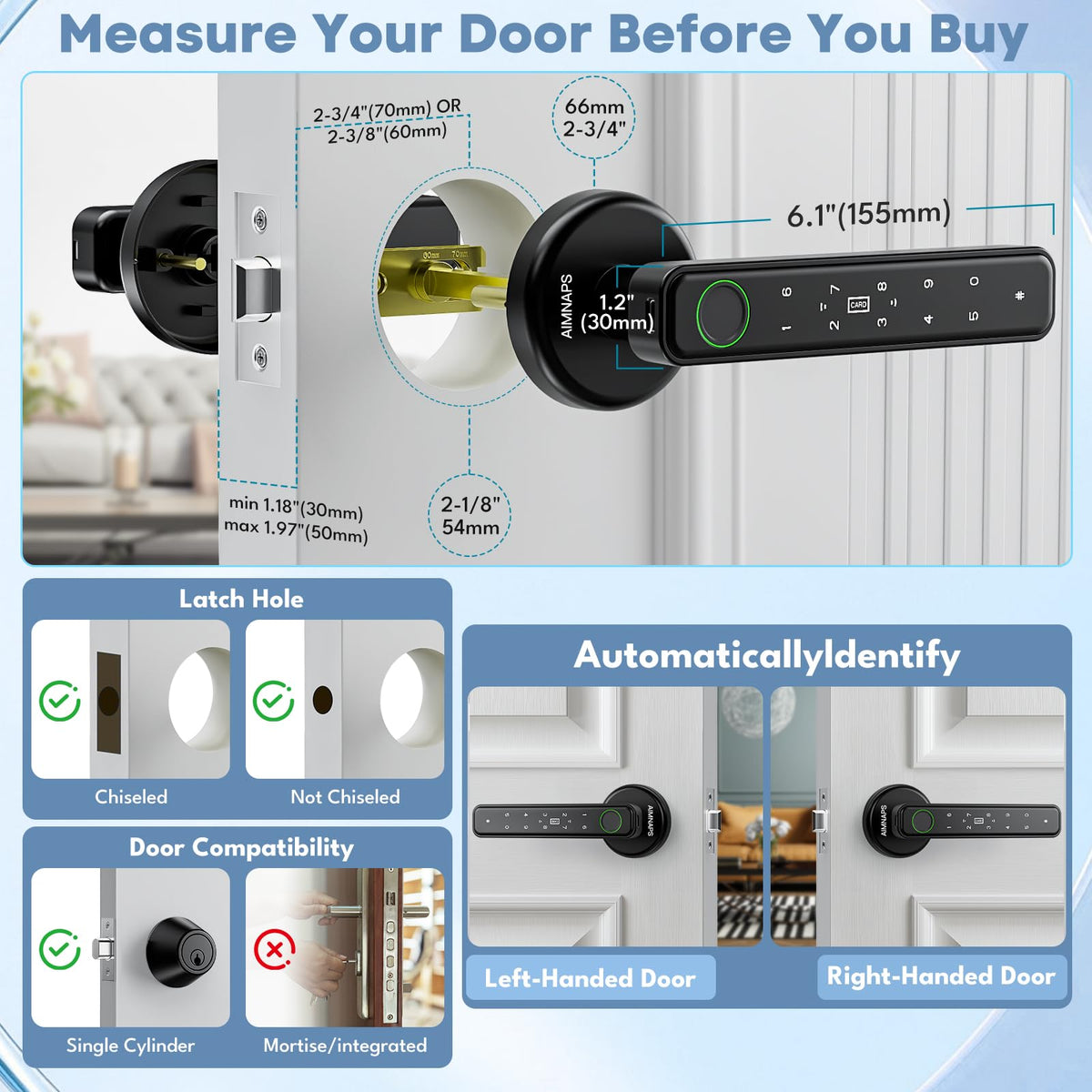 AIMNAPS Smart Fingerprint Door Lock, Door Locks for Bedroom, Keyless Entry Door Knob (Fingerprint/Code/Key) Auto Lock for Apartment, Office-Black