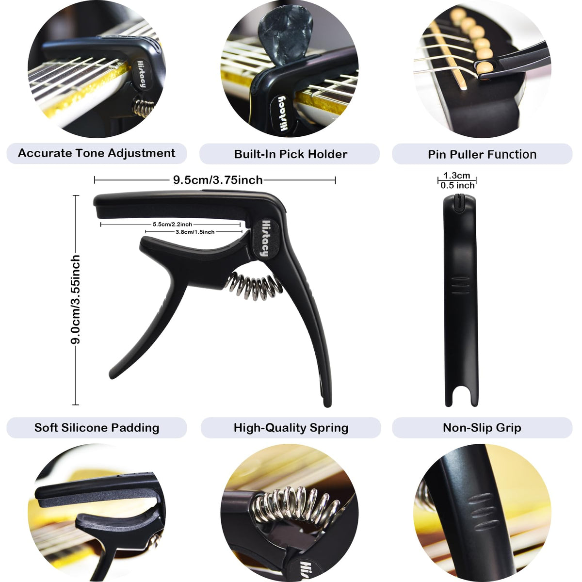 Histacy All Black Guitar Accessories Kit: Clip-On Tuner, 3-in-1 Capo, 30 Picks & Storage for Acoustic, Electric Guitar, Bass & Ukulele, All-in-One Perfect Guitar Gift Set for Men & Beginners & Pros