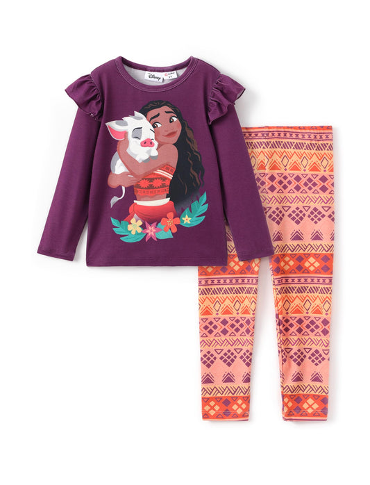 Disney Princess Toddler Girl Outfit Moana Girls Clothes Long Sleeve Ruffle Shirt and Leggings 2PCS Clothing Sets Fall Casual Pullover Dailywear Redpurple 3-4T