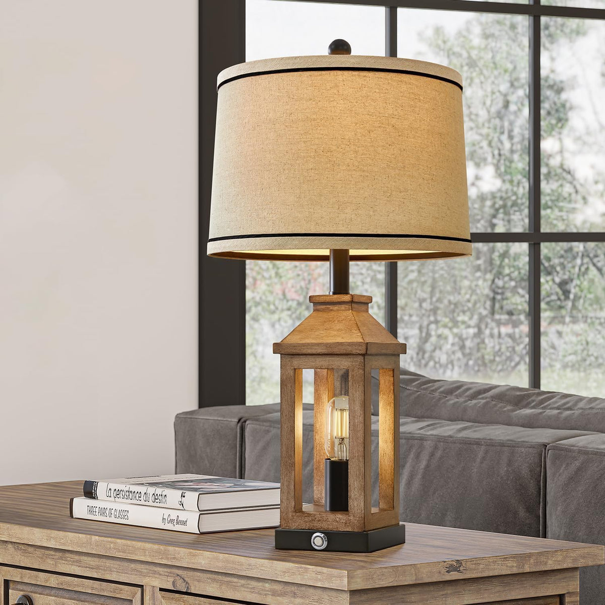 G-SAFAVA 23.75" Farmhouse Table Lamps USB A+C Charging Ports 3-Way Dimmable