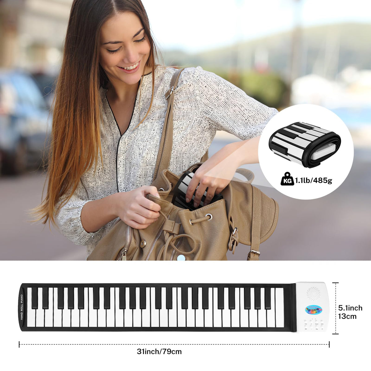 POGOLAB 49 Key Roll Up Keyboard Piano, Portable Digital Electric Foldable Piano Keyboard, Rechargeable, 47 Tones, 14 Educational Demo Songs, for Beginners Gift (Black & White)