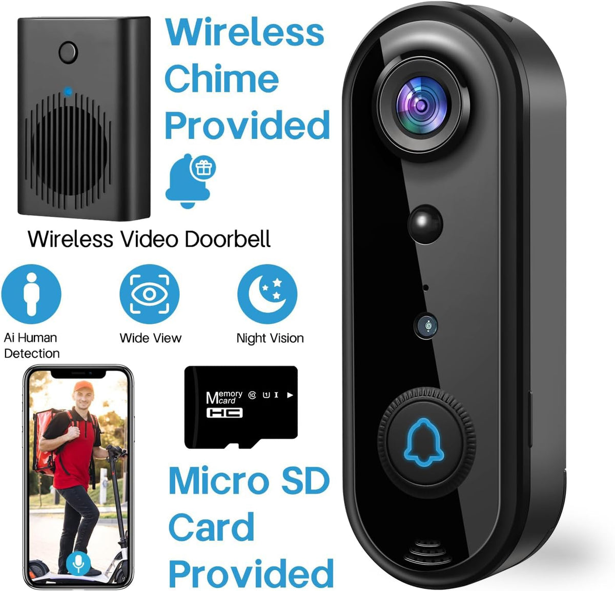 Taishixing HD Wireless Video Doorbell Camera with Chime, Smart Human Detection, Real-time Alert, FHD Night Vision, Two-Way Audio, IP65 Waterproof, 2.4Ghz WiFi, SD Card Storage/Cloud Storage