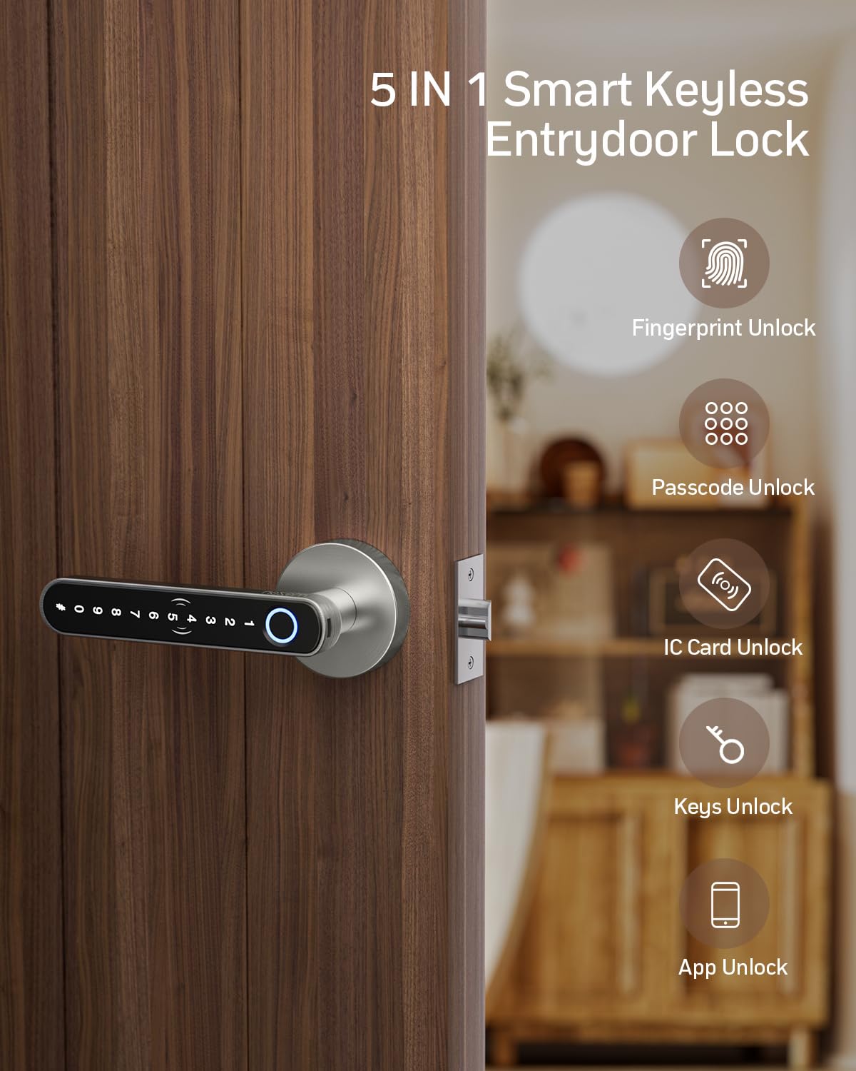 TMEZON Smart Door Lock Fingerprint, Keyless Entry Door Lock with Handle APP/IC Cards/Codes/Keys/Fingerprints Biometric Electronic Smart Lock for Bedroom Home Hotel Office