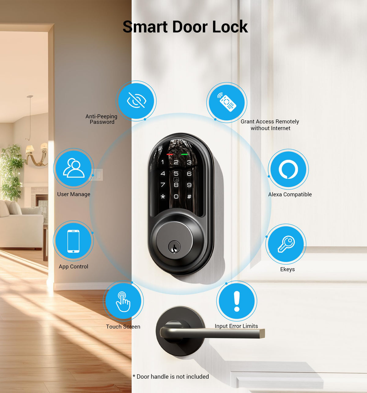 Veise RZ06 Smart Lock for Front Door with App Control, Matte Black