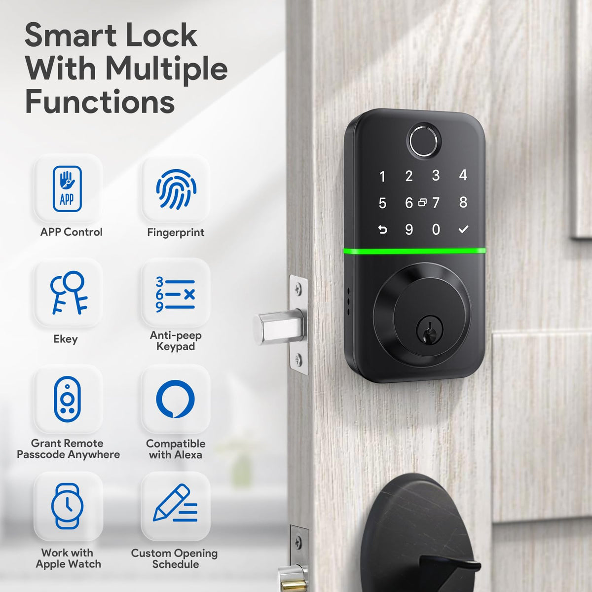 Smart Door Lock Deadbolt with Keypad: Keyless Entry Door Lock - Fingerprint Lock for Front Door - Electronic Lock with Bluetooth and APP Control