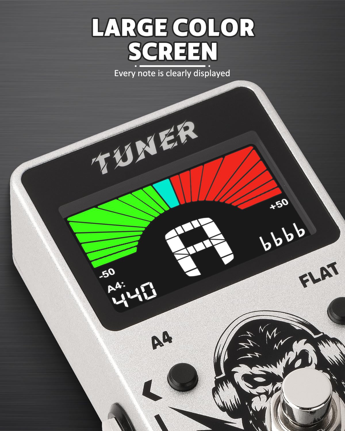 STRICH Tuner Pedal, Silver, Compact with Large Color Screen - Precision Chromatic Drop Tuning, 430-450Hz A4, True Bypass for Electric Guitar & Bass