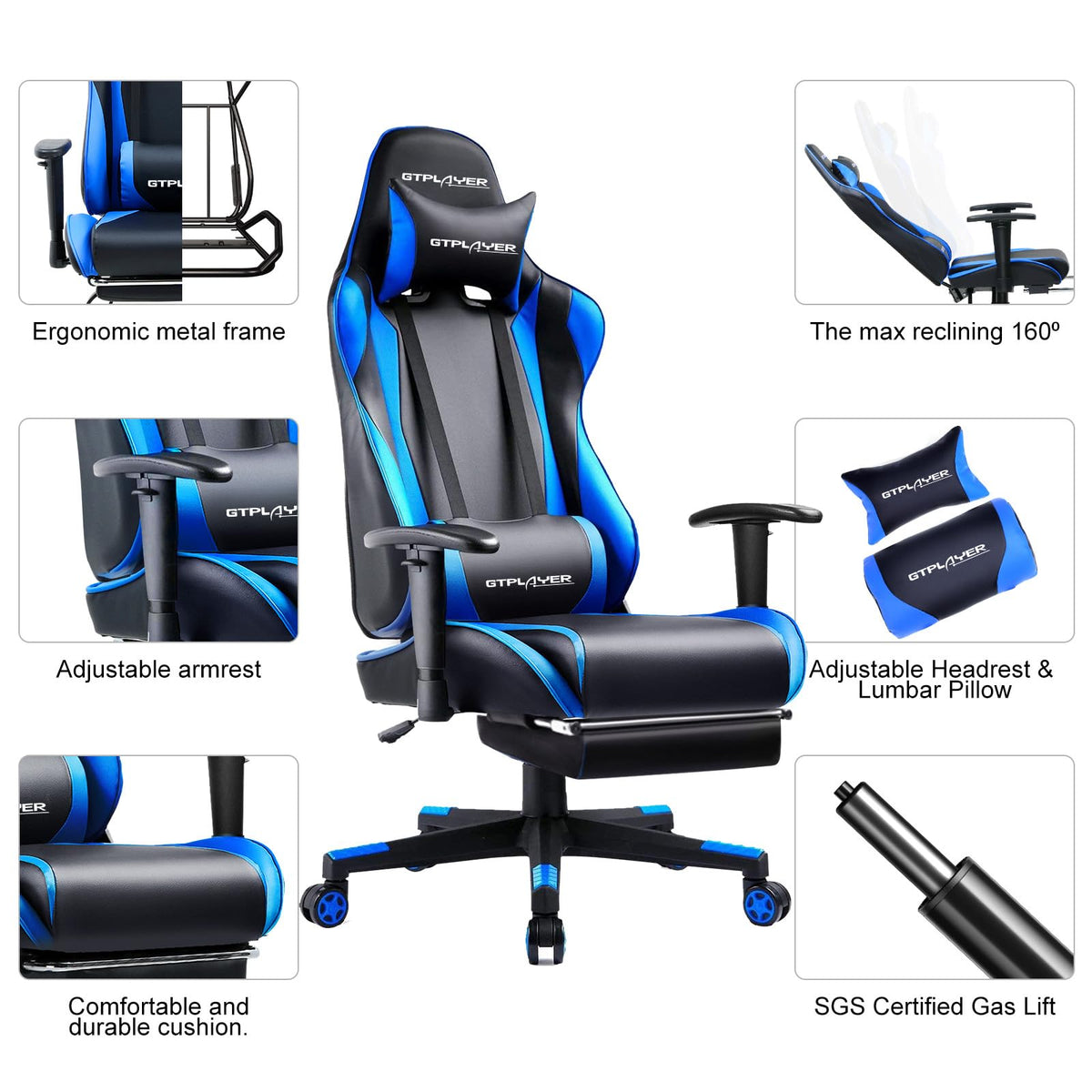 GTPLAYER Gaming Chair with Footrest, Ergonomic Computer Game Desk Chair, Reclining Gamer Chair Seat Height Adjustment, Swivel Rocker with Headrest and Lumbar (Blue)