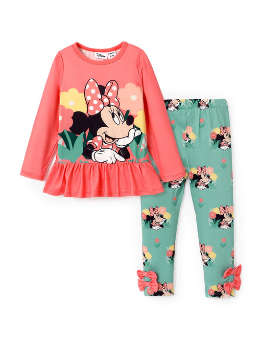 Disney Mickey and Friends Toddler Girl Outfit Minnie Girls Clothes Long Sleeve T-Shirt Dress and Striped Leggings 2PCS Clothing Sets Fall Casual Pullover Dailywear Red 2T