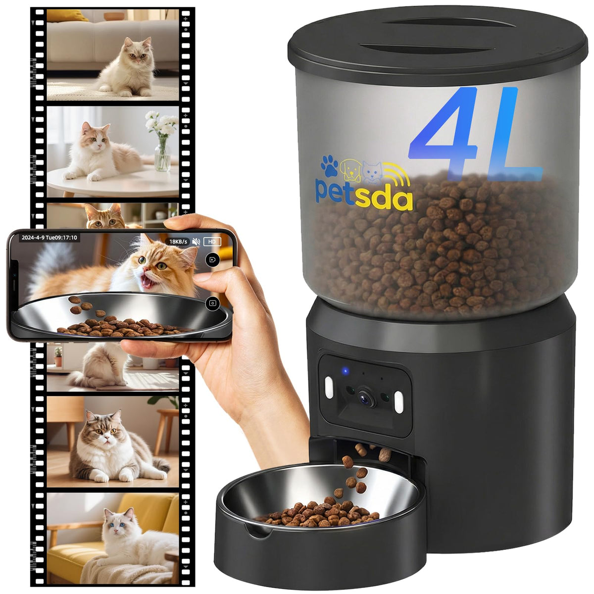 PETSDA Automatic Cat Feeder with 2K Camera 5G WiFi 4L Timed Dry Food Dispenser APP Control, 15 Meals Programmable 1-20 Portion Per Day Dual Power Supply with Stainless Bowl for Multiple Pet Easy Clean