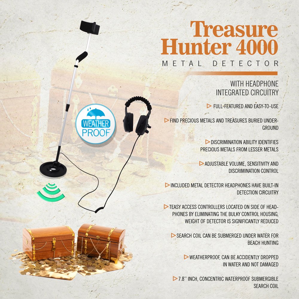 Pyle Weatherproof Metal Detector System - Professional Treasure Hunter 4000 Submersible Treasure Metal Finder w/ Waterproof Search Coil, Headphones, Easy Access Controller, Adjustable Length - PHMD4