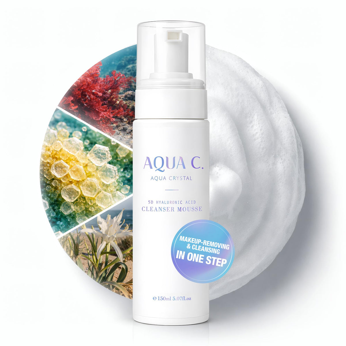 AQUA C. 3-in-1 Micro Foam Face Wash, Hydrating Cleanser with Hyaluronic Acid, Makeup Remover Foam, Clean-Rinse Finish, 5.07 fl oz – For Women