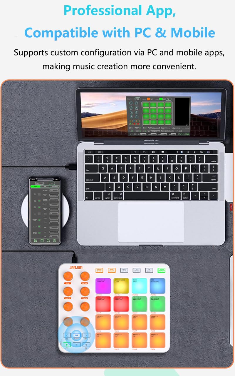 Wireless MIDI Controller Pads, Bluetooth Portable USB with 16 Drum 8 Assignable Knobs & 6 Customizable Buttons, Wireless MIDI Beat Maker