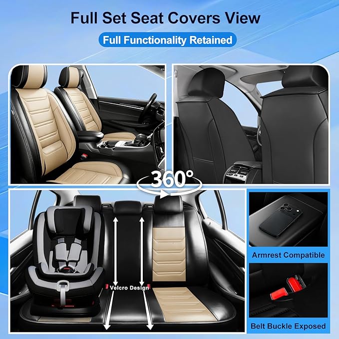 Fit Insight Car Seat Covers for Honda Insight 2010-2022 Premium Leather, Airbag Compatible, Scratch-Resistant, Waterproof All Weather Seat Protector, Airbag Compatible, Full Set, Black+Beige