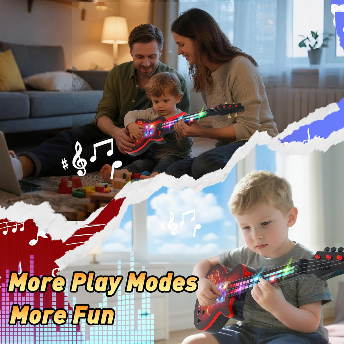 Kids Electric Guitar Toy for Ages 3-5 21 Inch Light Up Guitar with 4 Strings Infrared Sensor & Strap Musical Gift for Boys Girls (Red)