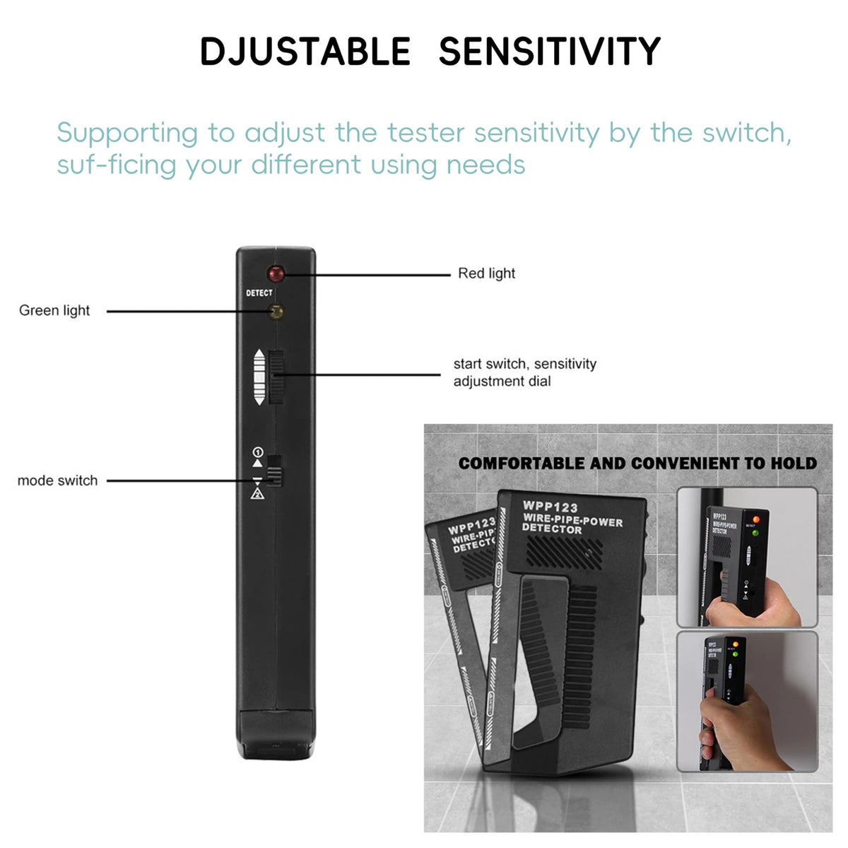 WPP123 High Sensitivity in-Wall Detector, Metal Detector, Wire Detector, Adjustable Alarm, Multi-Functional Scanner, Suitable for Adults, Durable Plastic Body, Black