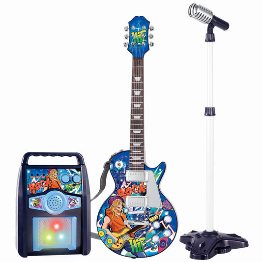 deAO Kids Electric Musical Guitar Play Set,Adjustable Height Microphone,Amplifier Set with Stand, Musical Guitar Play Set,Microphone, Amp, AUX, Birthday for Kids Boys Girls (Blue)
