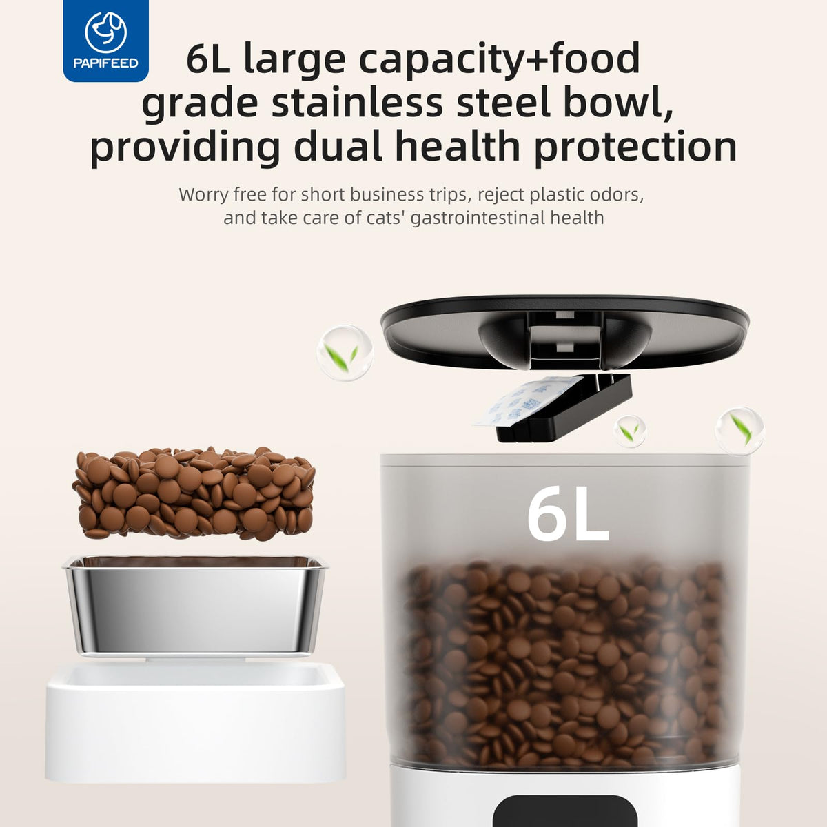 PAPIFEED Automatic Cat Feeder with App, WiFi Auto Cat Feeder, 6L Slow-Feed Cat Food Dispenser for Dry Food, Dual Power Supply Timed Pet Feeder for Small Dog, 10 Meals/Day, 12 Portions/Meal, White