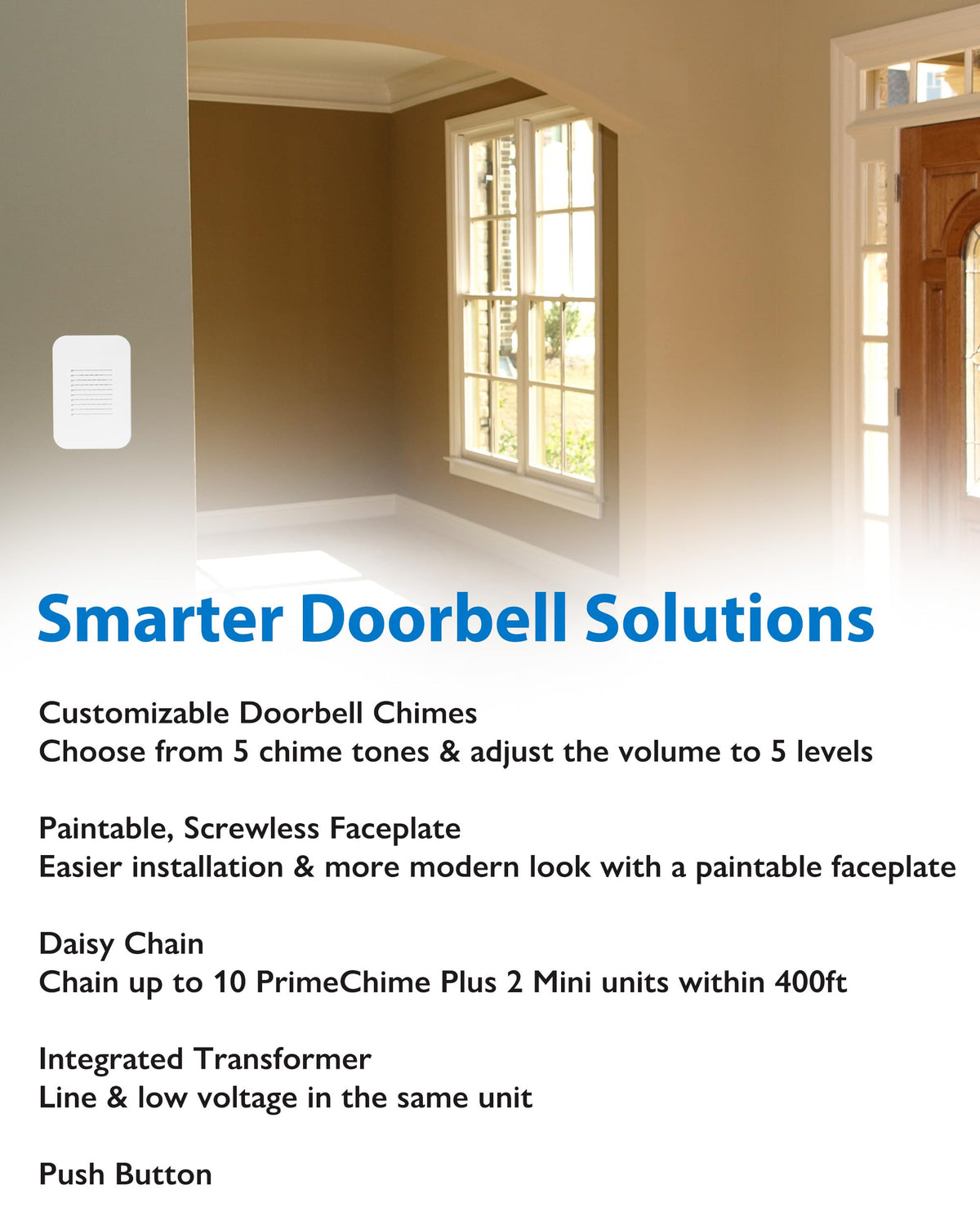 PrimeChime Plus 2 Mini- Video Compatible Doorbell Chime Kit with Polished Brass Stucco Button (PRMC1120SBPB)