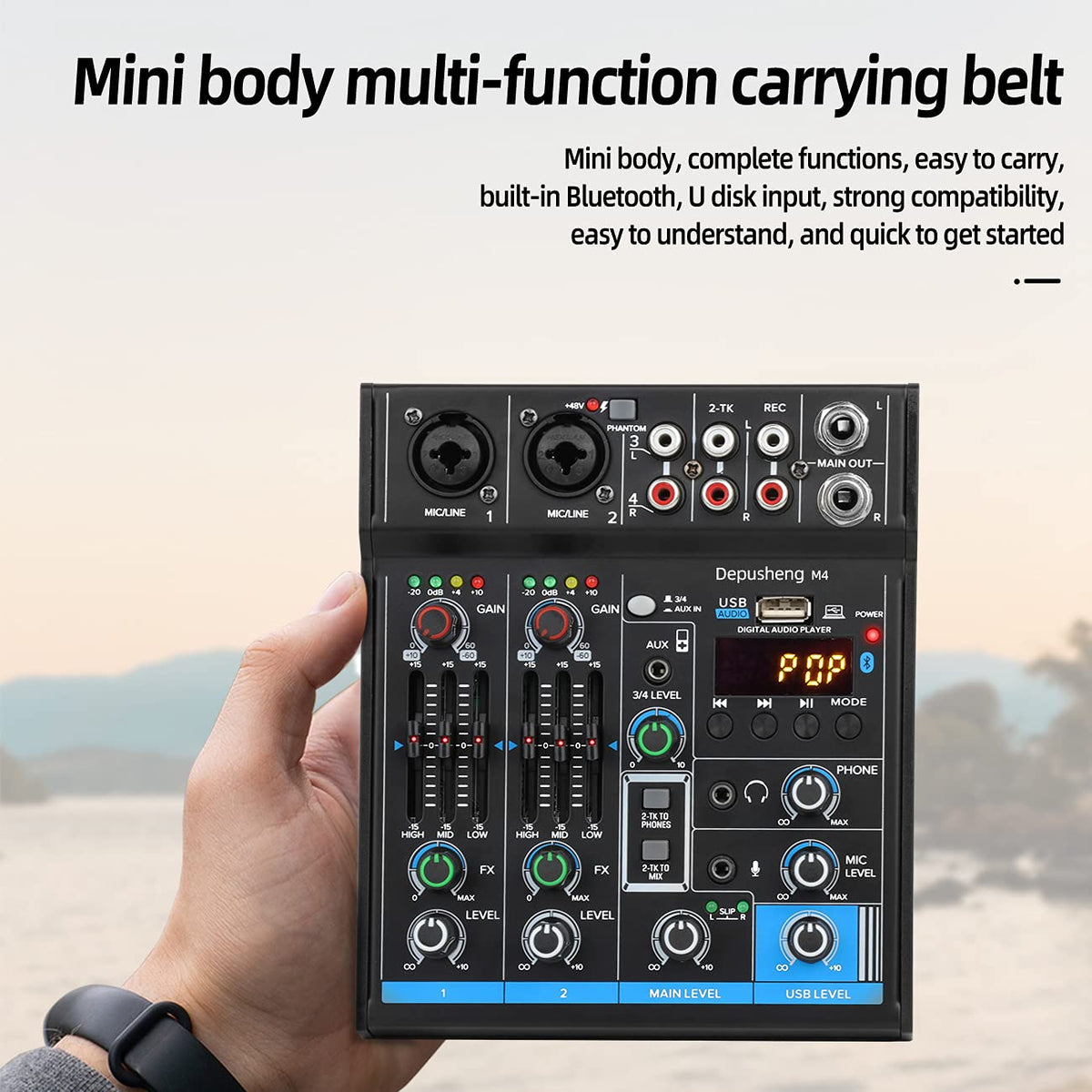 4 Channel USB Interface Mixer, DJ Sound Controller Mini Mixer Professional Digital Audio Portable Sound Mixing Console with Sound Card & Bluetooth Function for PC Recording - Depusheng M4, Black